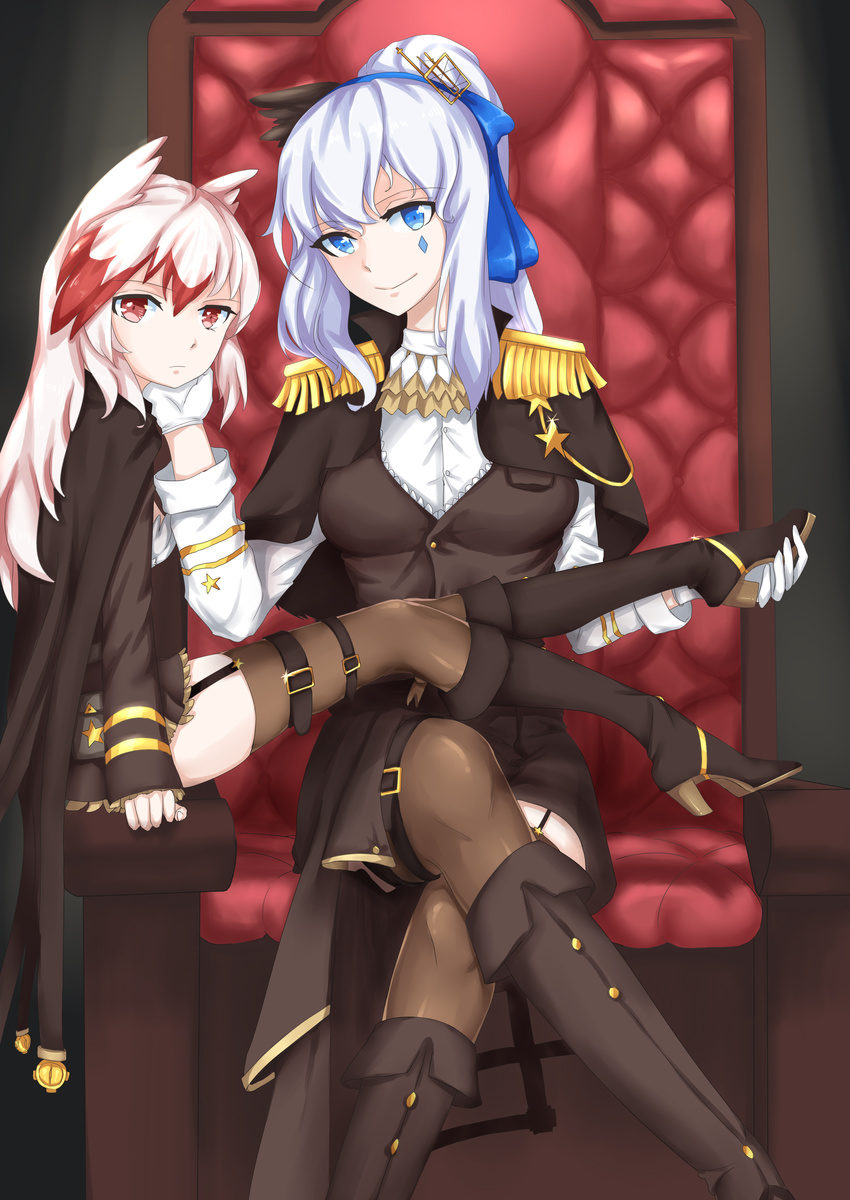 absurdres blue_eyes boots bow brown_legwear cape capelet crossed_legs epaulettes facial_mark garter_straps gloves hair_bow highres legs legs_up long_hair looking_at_viewer military military_uniform multicolored_hair multiple_girls north_carolina_(zhan_jian_shao_nyu) piao_qi_jiangjun pink_eyes pink_hair ponytail silver_hair sitting skirt smile thigh_strap thighhighs throne two-tone_hair uniform washington_(zhan_jian_shao_nyu) white_gloves zhan_jian_shao_nyu