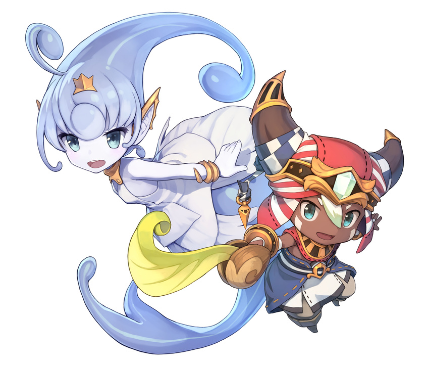 1girl absurdres ahoge blue_skin dark_skin dark_skinned_male ever_oasis highres horned_headwear horns isuna_(ever_oasis) looking_at_viewer mermaid monster_girl official_art pointy_ears shizuma_yoshinori sword tethu weapon