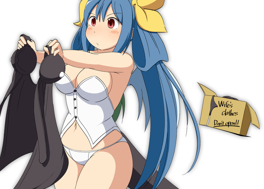 absurdres bare_shoulders blue_hair blush box breasts buttons cardboard_box dizzy guilty_gear hair_ribbon highres large_breasts mirano navel panties red_eyes ribbon simple_background solo tail underwear white_background white_panties wings