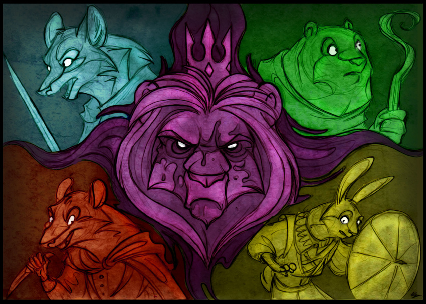 2015 amber_(armello) anthro armello bear canine clothed clothing crown dagger feline female fortunatafox fur group lagomorph lion male mammal melee_weapon mercurio_(armello) parasol rabbit rat rodent sana_(armello) sword thane_(armello) the_king_(armello) weapon wolf