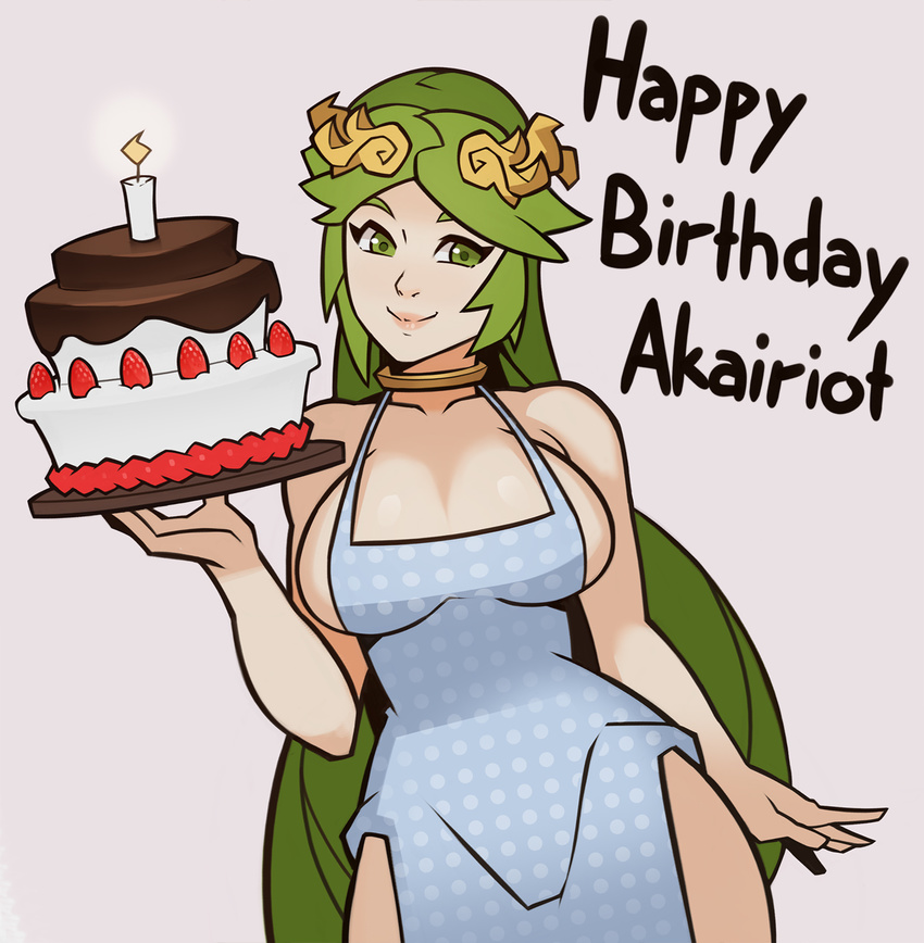apron bare_shoulders breasts cake cleavage food green_eyes happy_birthday highres hips kid_icarus kid_icarus_uprising large_breasts long_hair nearly_naked_apron palutena sideboob smile solo splashbrush very_long_hair
