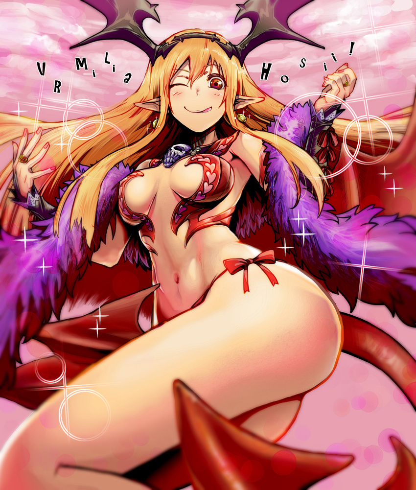 ;) ;p bikini_bottom blonde_hair blush cockadooodledoo demon_girl demon_tail earrings hairband head_wings highres jewelry kunreishiki long_hair lord_of_vermilion lord_of_vermilion_iii milia_(lord_of_vermilion) one_eye_closed panties pointy_ears red_bikini_bottom red_eyes side-tie_panties skull smile solo tail tongue tongue_out underwear