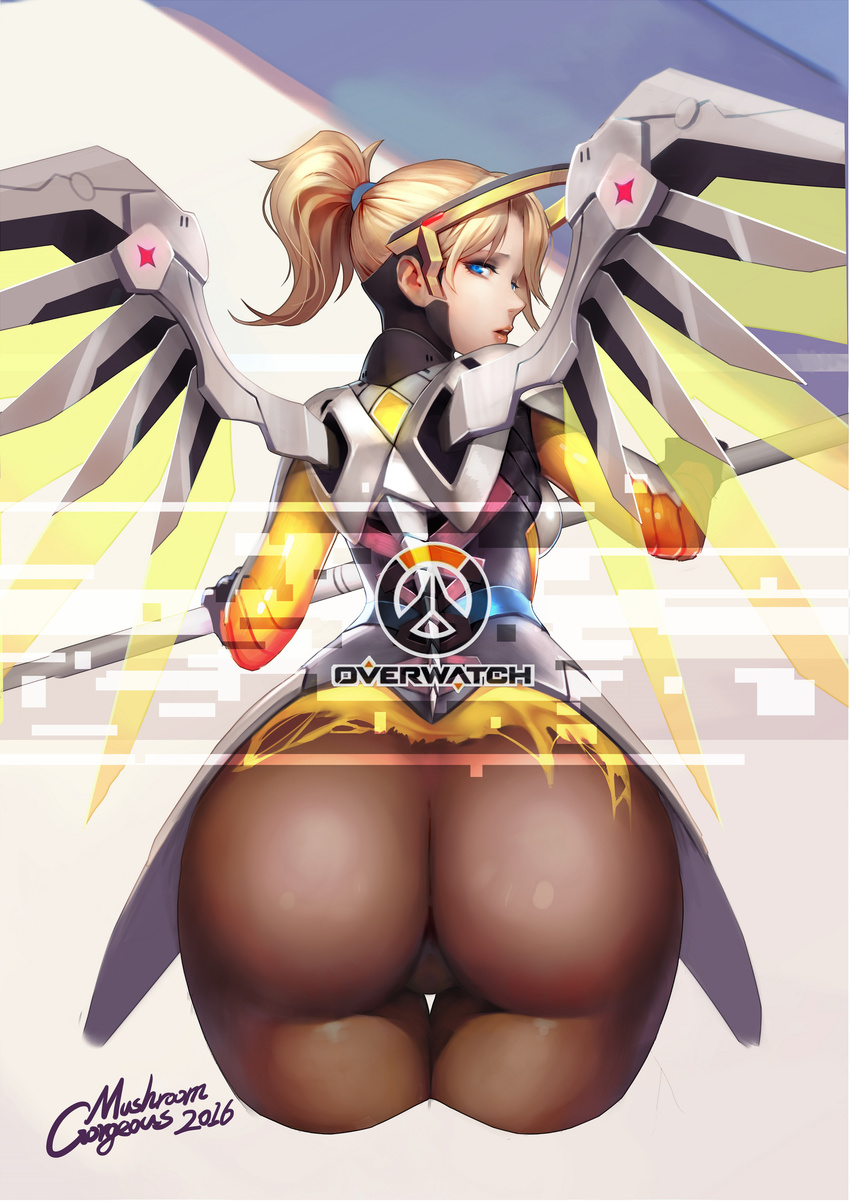 2016 absurdres artist_name ass back bad_id bad_pixiv_id blonde_hair blue_eyes breasts brown_legwear copyright_name cropped_legs dissolving dress from_behind gorgeous_mushroom high_ponytail highres holding holding_staff leaning_forward logo looking_at_viewer looking_back mechanical_halo mechanical_wings medium_breasts mercy_(overwatch) microdress overwatch pantyhose parted_lips ponytail signature skin_tight solo staff thigh_gap wings yellow_wings