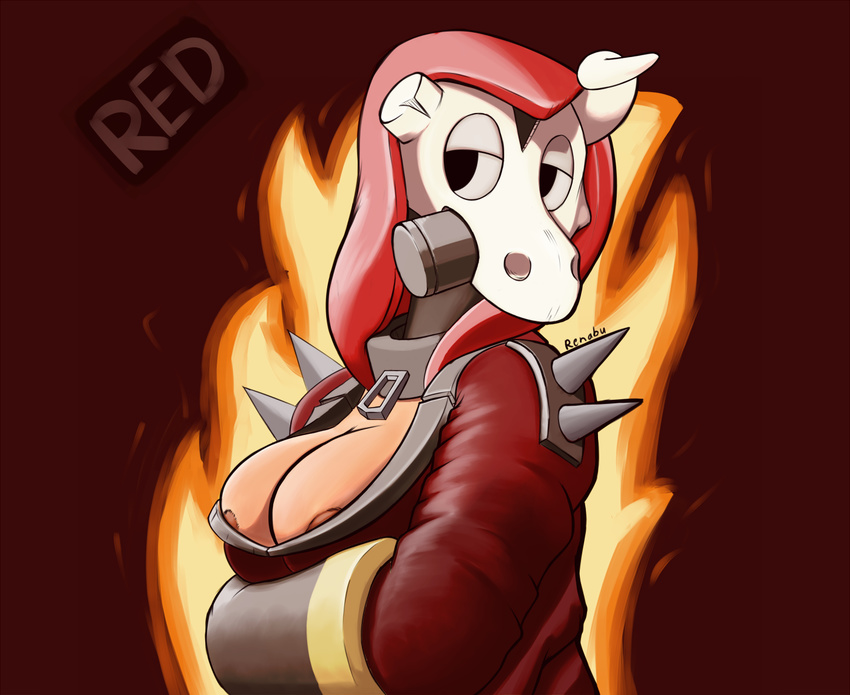 breasts clothing female gloves humanoid mask nipple_slip nipples not_furry pyro_(team_fortress_2) red_background renabu simple_background skull solo team_fortress_2 valve video_games