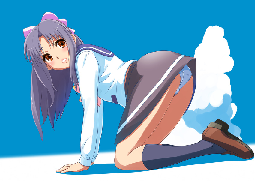 1girl all_fours ass black_legwear blue_sky brown_eyes brown_shoes cloud gakkou_no_kaidan_(anime) highres kneehighs koigakubo_momoko loli long_hair pantyshot pink_bow purple_hair school_uniform skirt socks underwear white_legwear white_panties