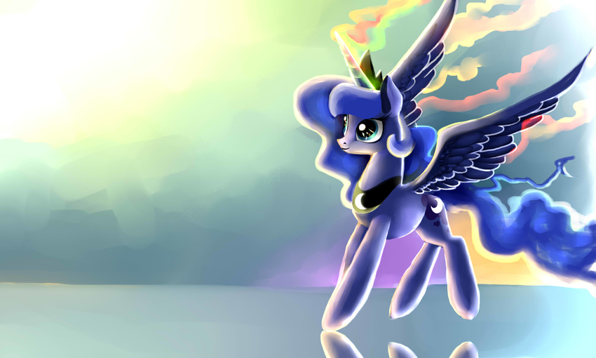 blue_eyes blue_feathers blue_hair cutie_mark equine feathered_wings feathers female feral friendship_is_magic gianghanez2880 hair hooves horn mammal my_little_pony princess_luna_(mlp) simple_background smile solo winged_unicorn wings