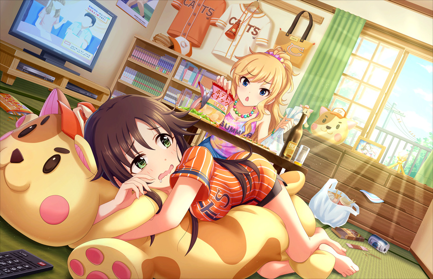 :o artist_request bag bangs barefoot blonde_hair blue_eyes blush book bookshelf bottle breasts brown_hair can chestnut_mouth chips curtains drooling dutch_angle dvd_player food green_eyes hat hat_removed headwear_removed himekawa_yuki idolmaster idolmaster_cinderella_girls idolmaster_cinderella_girls_starlight_stage jewelry light_rays long_hair looking_at_another lying medium_breasts multiple_girls necklace official_art on_side ootsuki_yui open_mouth pocky ponytail potato_chips saliva sitting sunbeam sunlight tatami television v-shaped_eyebrows wavy_hair wavy_mouth window