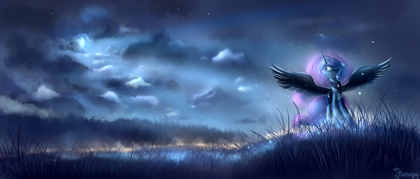 2015 cloud cosmic_hair day detailed_background equine feathered_wings feathers female feral friendship_is_magic grass horn horse mammal my_little_pony outside pony princess_luna_(mlp) shamanguli sky solo standing star starry_sky winged_unicorn wings