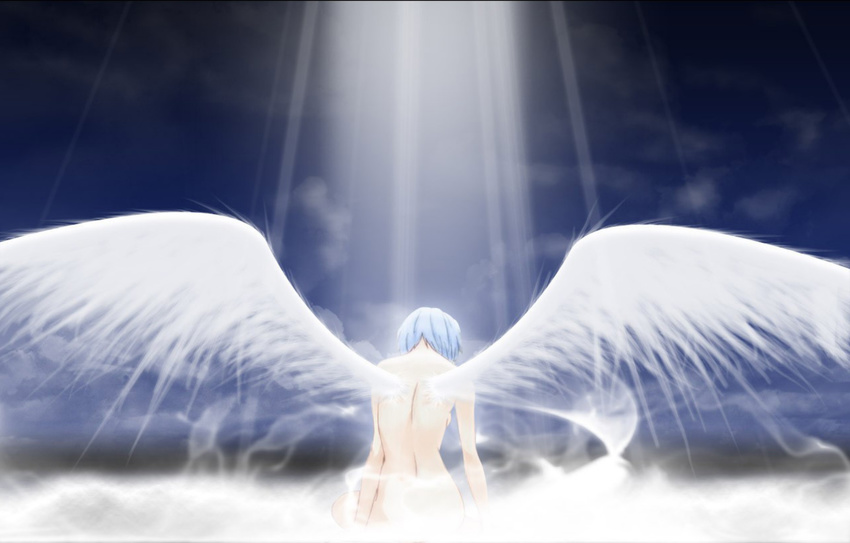 angel_wings artist_request ayanami_rei blue_hair highres lilith_(ayanami_rei) neon_genesis_evangelion nude pale_skin short_hair solo wings