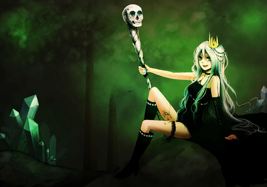 bad_id bad_pixiv_id bare_shoulders boots crown haruha_(aeropolis) highres legs long_hair open_mouth original skull smile solo staff tattoo