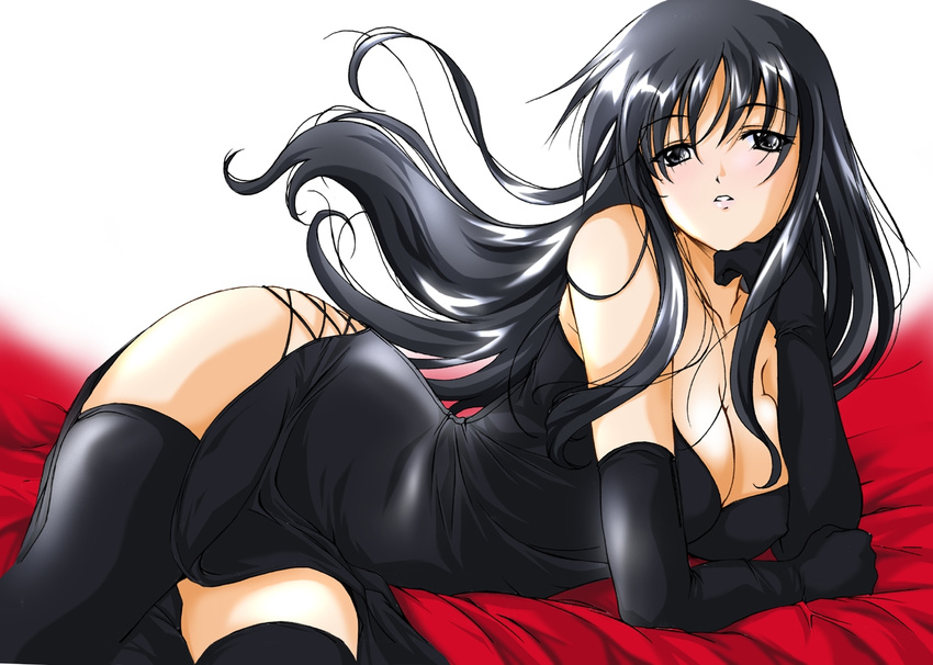 arm_support ayakaze_ryuushou bangs bare_shoulders bed black_eyes black_gloves black_hair black_legwear breasts chin_rest cleavage copyright_request dress elbow_gloves formal gloves large_breasts long_hair lying on_side shiny shiny_hair side_slit solo thighhighs zettai_ryouiki
