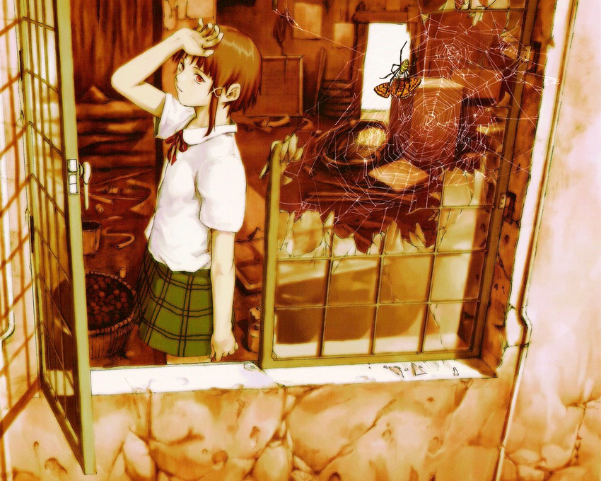 abe_yoshitoshi asymmetrical_hair brown_eyes brown_hair bug butterfly from_outside hair_ornament hairclip insect iwakura_lain official_art school_uniform serial_experiments_lain silk skirt solo spider spider_web window