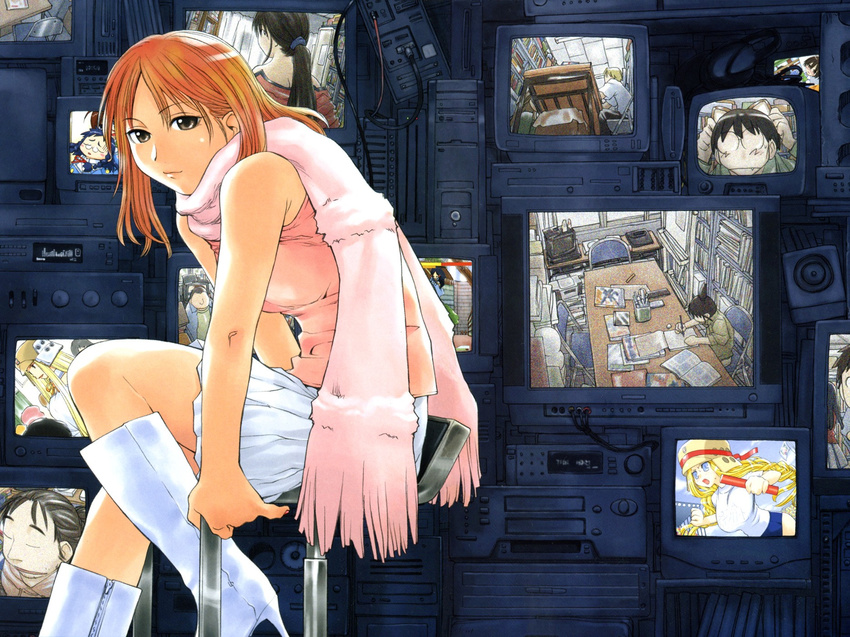 androgynous animal_ears boots cat_ears genshiken high_heel_boots high_heels highres kamishakujii_renko kasukabe_saki kio_shimoku knee_boots kousaka_makoto kuguyama_mitsunori kujibiki_unbalance looking_at_viewer madarame_harunobu miniskirt official_art ogiue_chika oono_kanako pleated_skirt ritsuko_kubel_kettenkrad sasahara_kanji scarf skirt solo tanaka_souichirou tank_top television wallpaper white_footwear white_skirt