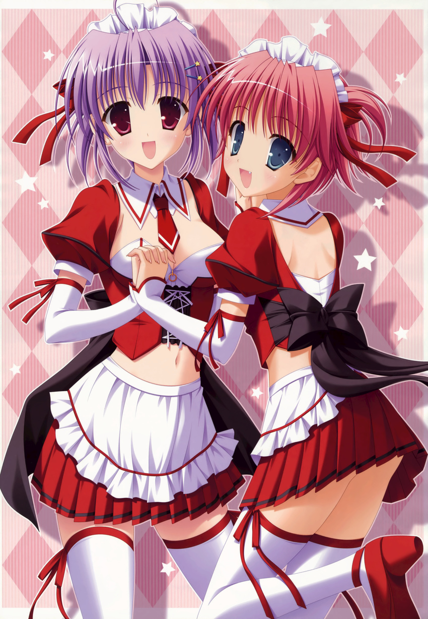 2girls absurdres ahoge back blue_eyes bow breasts cleavage detached_sleeves fang hair_ornament hairclip hand_holding hasegawa_misa high_heels highres kamine_ayaka leg_up looking_back maid_headdress midriff multiple_girls naruse_mamoru navel necktie pia_carrot pia_carrot_(series) pia_carrot_e_youkoso!!_4 pink_eyes pink_hair pleated_skirt purple_hair shoes short_hair short_sleeves side_ponytail skirt star thigh-highs thighhighs waitress white_legwear zettai_ryouiki