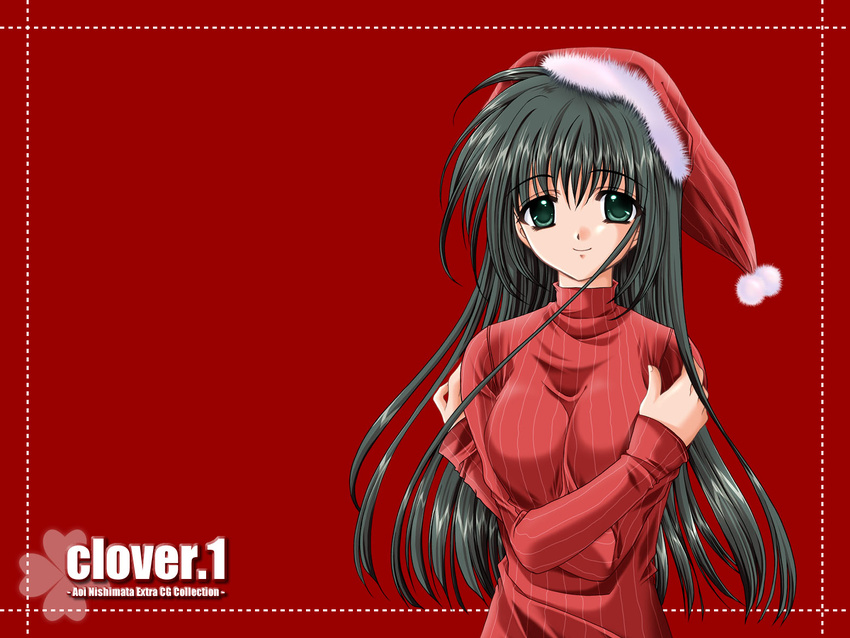 artist_name bangs black_hair christmas clover_(game_cg) copyright_name crossed_arms green_eyes hat highres long_hair long_sleeves looking_at_viewer nishimata_aoi pom_pom_(clothes) red_background ribbed_sweater santa_hat simple_background smile solo sweater tareme turtleneck upper_body wallpaper