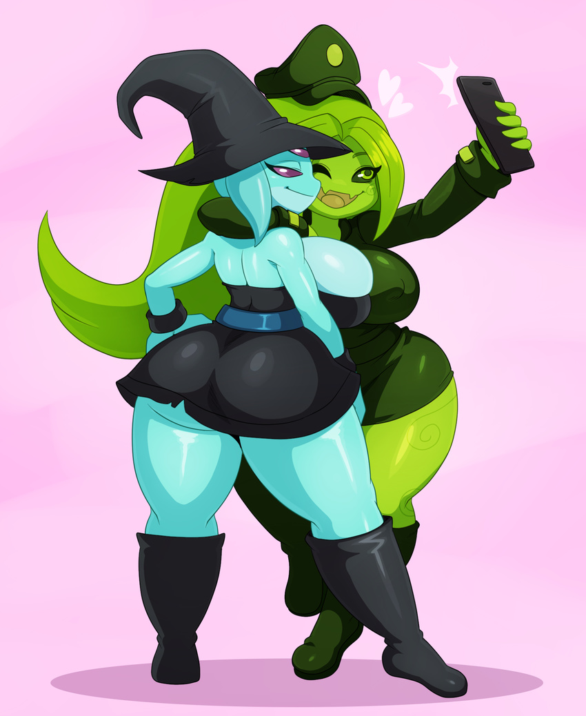 &lt;3 alien amphibian big_breasts big_butt breasts butt clothed clothing curvaceous duo fish flora_fauna floran hat humanoid hylotl marine plant pose selfie simple_background sssonic2 starbound tayveen video_games wide_hips witch_hat xena_lerrickton