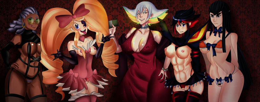 black_hair blue_eyes breasts cleavage covered_nipples dark_skin dress eyebrows harime_nui hououmaru_rei junketsu kill_la_kill kiryuuin_ragyou kiryuuin_satsuki large_breasts lavender_hair long_hair madam matoi_ryuuko mature midriff multicolored_hair multiple_girls npc_after_dark pink_dress prostitution pussy rainbow_hair red_dress revealing_clothes senketsu short_hair streaked_hair sunglasses thick_eyebrows yellow_eyes