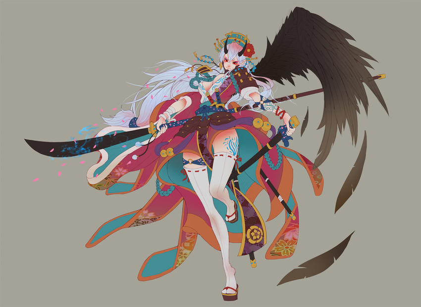 absurdres bad_anatomy black_wings flower full_body hair_flower hair_ornament hat highres holding holding_weapon horns meijin93 naginata original polearm sandals sheath solo standing standing_on_one_leg tattoo thighhighs weapon white_hair white_legwear wings