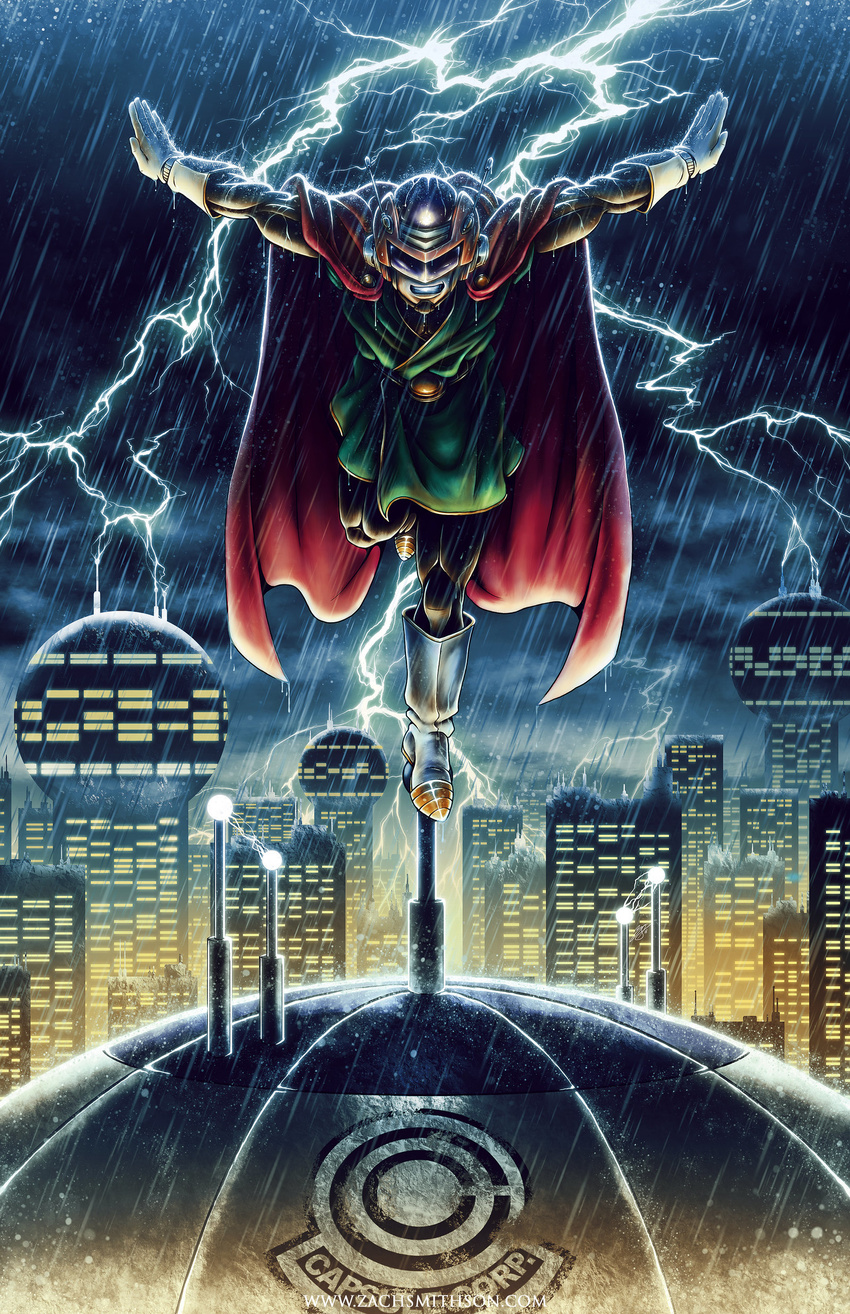 absurdres boots building cape city dragon_ball dragon_ball_z electricity gloves great_saiyaman helmet highres lightning lightning_rod looking_at_viewer male_focus pose rain skyscraper smile solo son_gohan storm thunder water wet zach_smithson