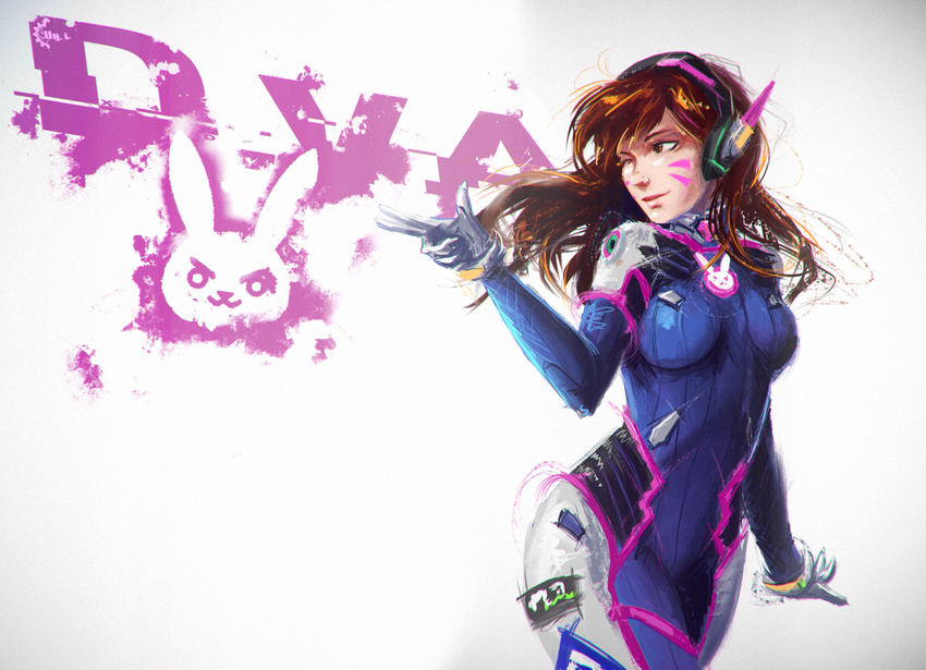 bodysuit brown_eyes brown_hair character_name d.va_(overwatch) facial_mark gloves highres logo long_hair one_eye_closed overwatch solo uninstall_(hear-me-now) whisker_markings