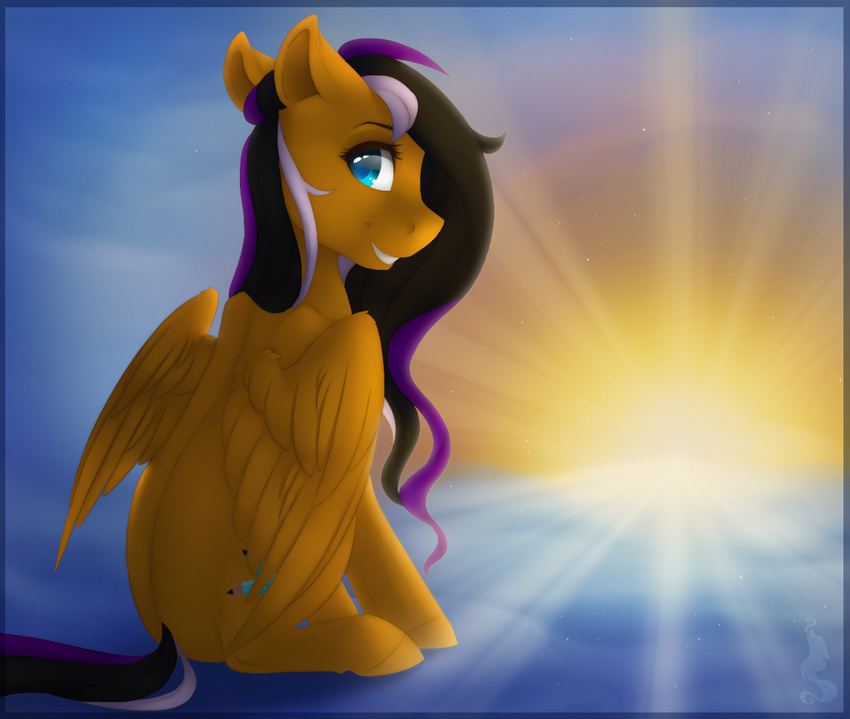 bare_back black_hair blue_eyes cutie_mark equine eyelashes fan_character feathered_wings feathers female feral fur gold_feathers gold_fur hair hooves horse looking_back mammal multicolored_hair my_little_pony outside pegasus pony silentwulv sitting sky smile solo sun wings