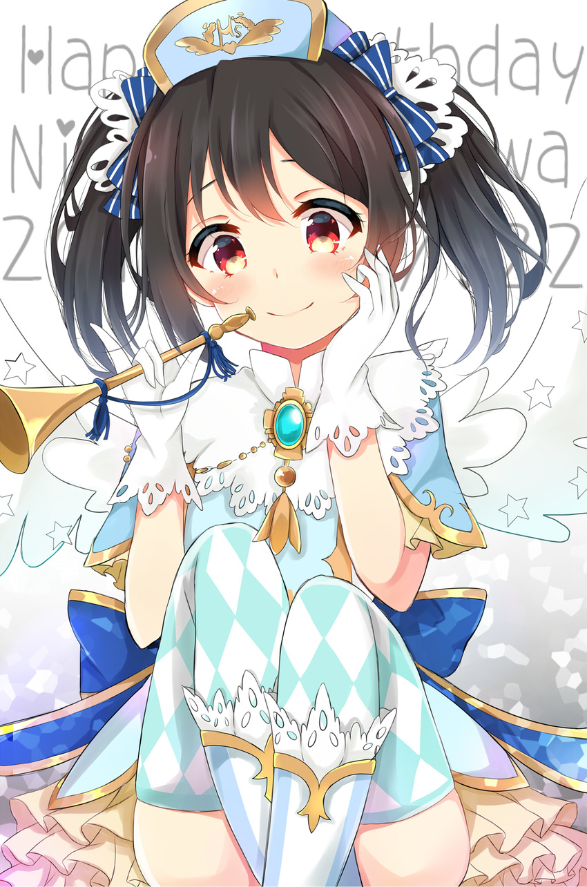 angel_wings bad_id bad_pixiv_id black_hair bow character_name dated dorisu2 gloves hair_bow happy_birthday hat highres horn_(instrument) instrument long_hair love_live! love_live!_school_idol_project red_eyes smile solo twintails wings yazawa_nico