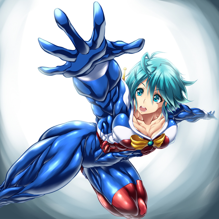 allenby_beardsley blue_eyes blue_hair bodysuit extreme_muscles gundam gundam_build_fighters gundam_build_fighters_try muscle outstretched_hand purukogi_(plasma_beach) reaching