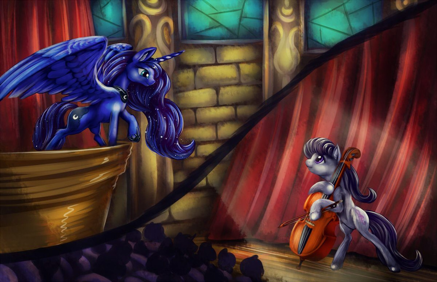 2014 black_hair blue_eyes blue_feathers blue_fur blue_hair cello curtains cutie_mark duo earth_pony equine eye_contact feathered_wings feathers female feral friendship_is_magic fur grey_fur hair horn horse inside jewelry mammal musical_instrument my_little_pony necklace octavia_(mlp) pony princess_luna_(mlp) purple_eyes spread_wings viwrastupr winged_unicorn wings