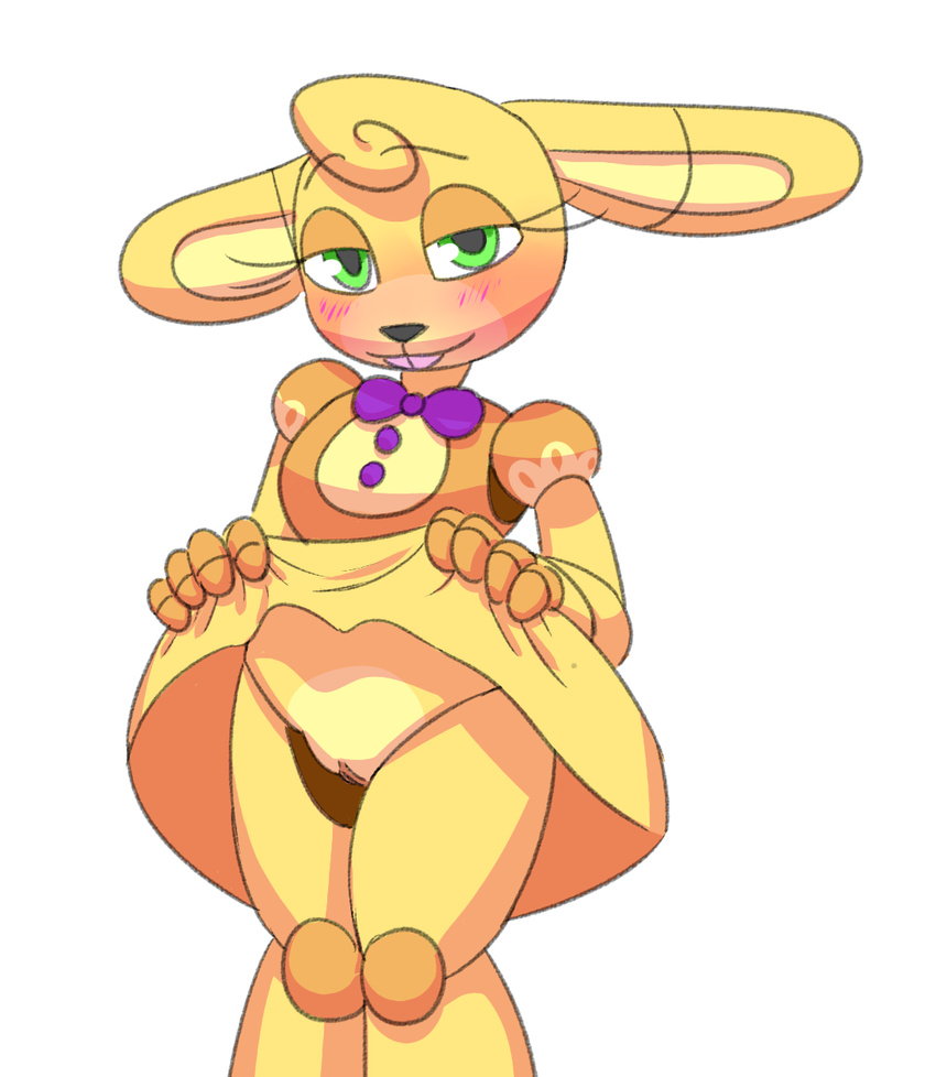 animatronic blush bow_tie clothing clothing_lift fan_character female flashing green_eyes looking_at_viewer machine pussy robot simple_background skirt skirt_lift solo spring_bonnie_(fnaf) standing unnecessaryfansmut