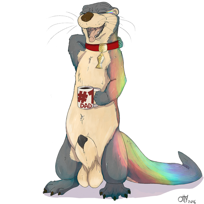 armpits balls beverage black_lips coffee collar feral haswell male mammal mustelid open_mouth otter otterlike paws penis rainbow river_otter semi-anthro soft_hyper spots yawn