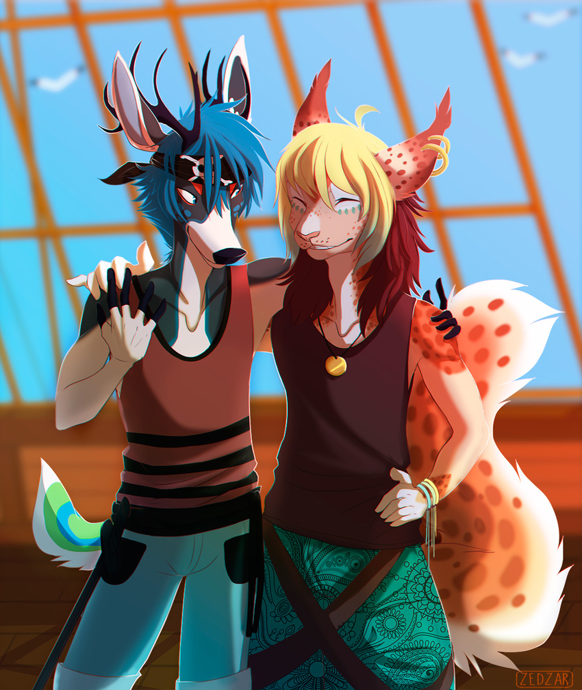 anthro antlers cervine clothed clothing deer duo ear_piercing eyes_closed feline girly horn lynx male mammal outside piercing pirate_ship smile standing teeth zedzar