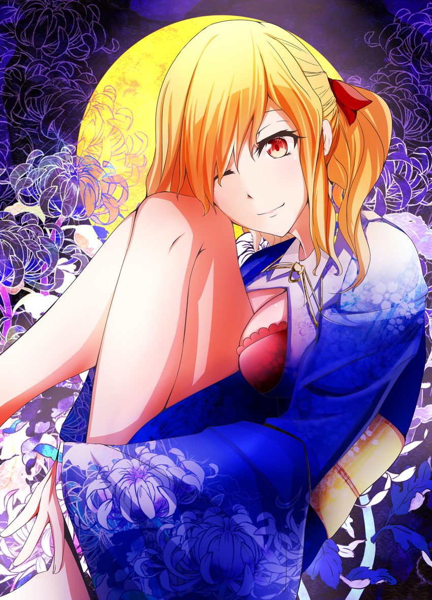 absurdres alternate_costume alternate_eye_color alternate_hair_length alternate_hairstyle bad_leg barefoot blonde_hair blue_kimono bow bra breasts cleavage floral_background floral_print flower full_moon hair_bow highres japanese_clothes kimono knees_to_chest legs legs_up looking_at_viewer looking_to_the_side medium_breasts moon nanamin_(yakumo226) obi one_eye_closed open_clothes open_kimono red_bra red_eyes ribbon sash shiny shiny_hair shiny_skin short_hair side_ponytail sidelocks smile solo spider_lily thighs touhou underwear wide_sleeves yakumo_yukari yukata