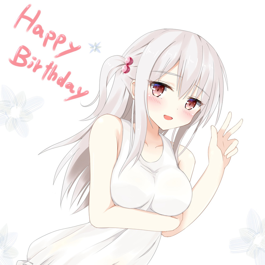 arm_up bare_arms bare_shoulders blush borrowed_character breast_hold breasts commentary_request dress eyebrows eyebrows_visible_through_hair hair_bobbles hair_ornament happy_birthday highres kanitama long_hair looking_at_viewer medium_breasts original red_eyes smile solo tank_top tisshu_(karutamo) white_dress white_hair