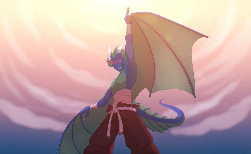 anthro armpits bandage belt clothed clothing cloud dragon looking_at_viewer low-angle_view male outside scalie solo standing topless wings worm's-eye_view zedzar