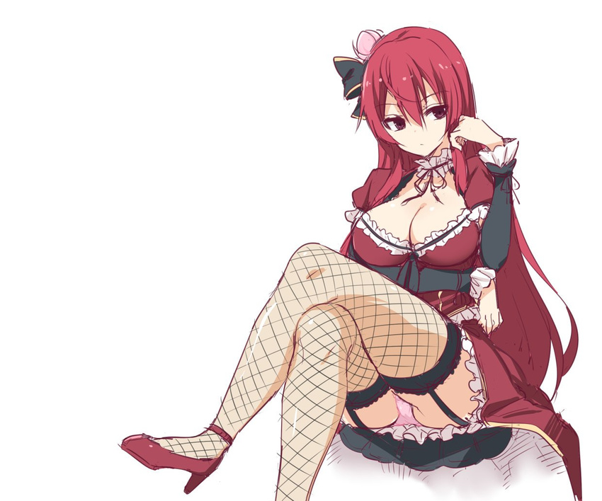 black_bow bow breasts cattleya_(flower_knight_girl) choker cleavage crossed_legs expressionless fishnet_legwear fishnets flower flower_knight_girl frills hair_bow hair_flower hair_ornament image_sample lace lace-trimmed_thighhighs large_breasts legs long_hair morino_harifu panties pantyshot pink_panties red_eyes red_footwear red_hair red_skirt shoes sitting skirt solo thighhighs thighs twitter_sample underwear white_background