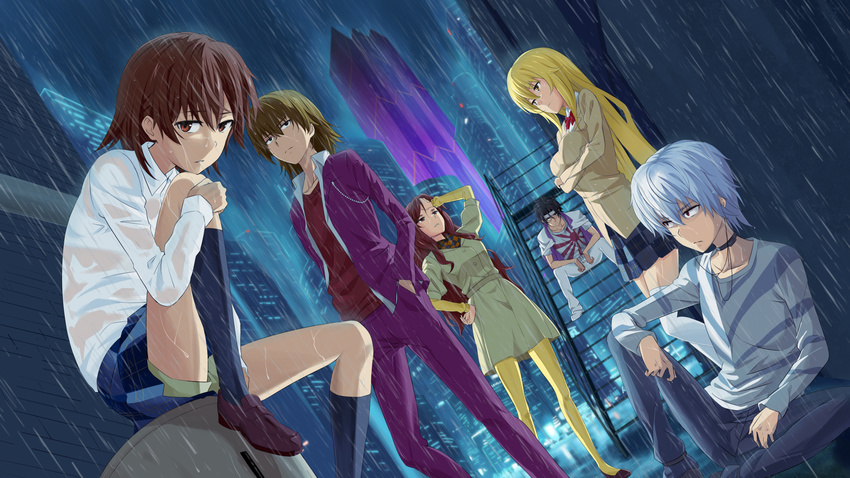 3girls accelerator against_wall bandana black_hair blonde_hair brown_eyes brown_hair building chain checkered checkered_scarf checkered_skirt choker city cityscape coat crossed_arms hand_on_forehead hand_on_hip hands_in_pockets highres jack-barro jacket jacket_on_shoulders kakine_teitoku knee_up kneehighs knees_to_chest leaning leg_hug long_hair long_sleeves looking_at_viewer miniskirt misaka_mikoto mugino_shizuri multiple_boys multiple_girls necktie pants pantyhose pleated_skirt purple_jacket purple_pants rain red_eyes rising_sun scarf school_uniform shoes shokuhou_misaki short_hair shorts shorts_under_skirt sitting sitting_on_object sitting_on_stairs skirt skyscraper sogiita_gunha stairs standing standing_in_rain sunburst thighhighs to_aru_majutsu_no_index vest wet white_hair white_legwear white_pants yellow_eyes yellow_legwear zettai_ryouiki