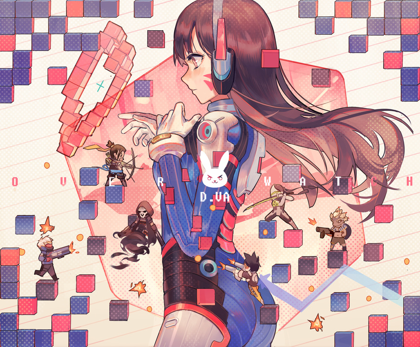 5boys abstract_background animal_print armor ass assault_rifle bangs beard black_hair blonde_hair bodysuit bomber_jacket bow_(weapon) breasts brown_eyes brown_hair brown_jacket bunny_print character_name chibi copyright_name cube cyborg d.va_(overwatch) emblem facepaint facial_hair facial_mark firing genji_(overwatch) gloves grenade_launcher gun hand_on_own_chest hanzo_(overwatch) harness headphones helmet high_collar highres holding holding_gun holding_sword holding_weapon hood hooded_jacket jacket japanese_clothes junkrat_(overwatch) katana lined_paper long_hair long_sleeves looking_at_another mask md5_mismatch mechanical_arm multiple_boys multiple_girls norizc orange_bodysuit overwatch peg_leg pilot_suit pixel_heart ponytail power_armor profile reaper_(overwatch) ribbed_bodysuit rifle short_hair shoulder_pads skin_tight small_breasts soldier:_76_(overwatch) solo_focus swept_bangs sword tracer_(overwatch) trench_coat upper_body visor weapon whisker_markings white_gloves white_hair