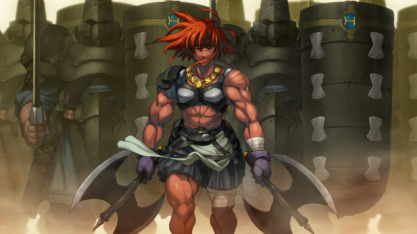 1girl abs alice_soft armor axe boots dark_skin double_bladed_axe female gloves knight minerva_margaret muscle rance09:_the_helman_revolution rance_(series) red_hair scar skirt weapon