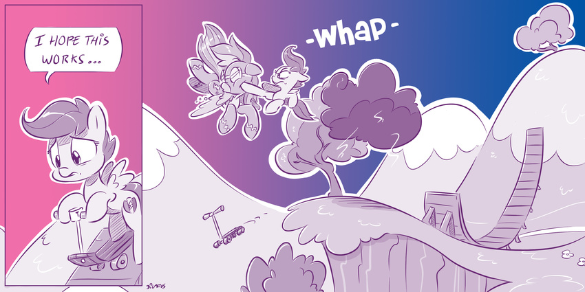 2016 clothing comic dialogue dilarus english_text equine eyewear female friendship_is_magic goggles kick mammal my_little_pony pegasus rainbow_dash_(mlp) ramp scootaloo_(mlp) scooter skinsuit text tight_clothing wings