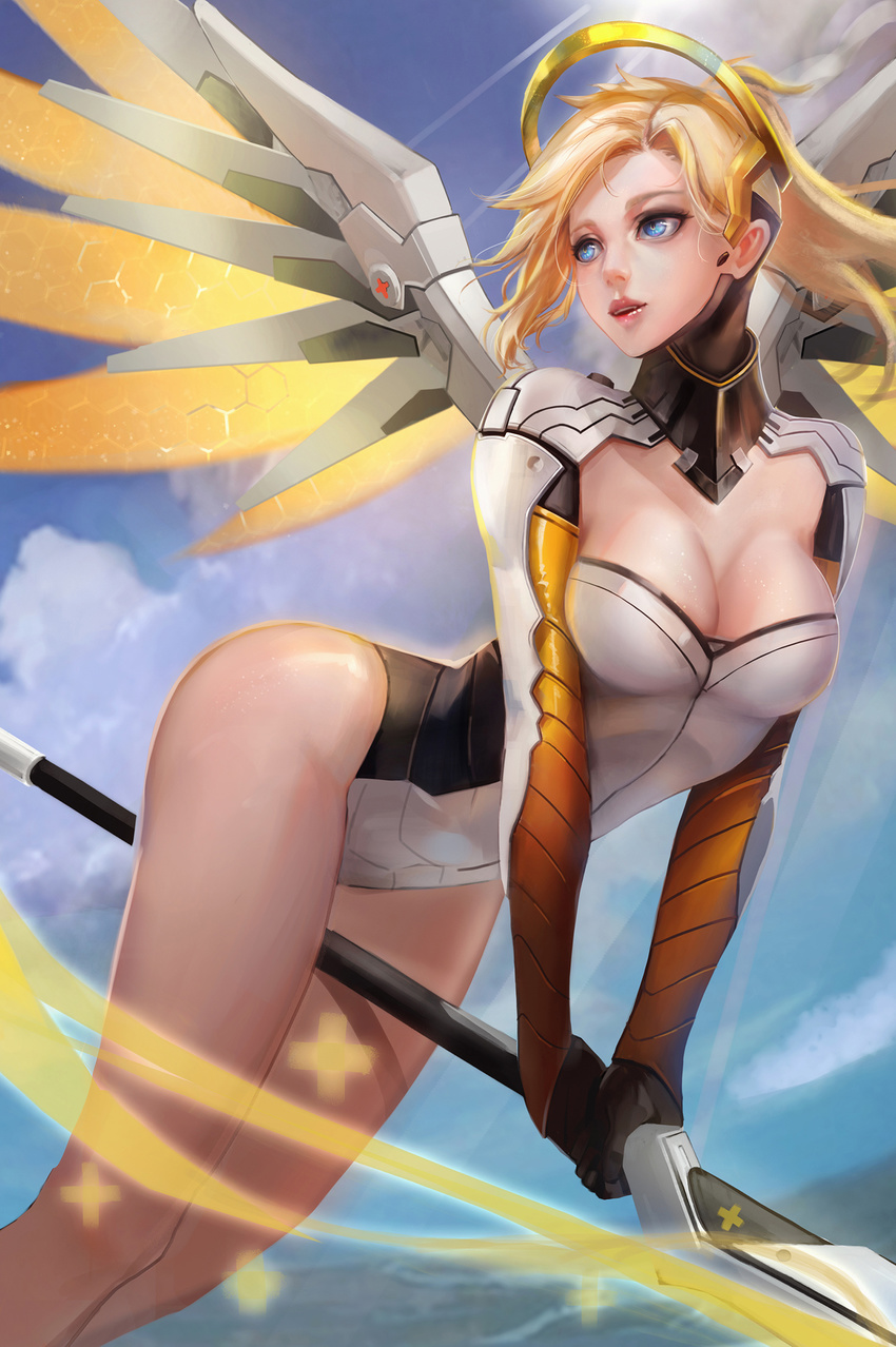 :d adapted_costume bare_legs between_legs blonde_hair blue_eyes blue_sky breasts cleavage cleavage_cutout cloud cowboy_shot day from_side gloves halo hexagon high_ponytail highres holding holding_staff holding_weapon large_breasts leaning_forward legs_together leotard light_rays light_smile lipstick looking_back looking_to_the_side makeup mechanical_wings mercy_(overwatch) object_riding open_mouth overwatch parted_lips pink_lips ponytail red_cross short_hair sky smile solo staff sunbeam sunlight thighs tian_(56800940) turtleneck v_arms weapon wings yellow_wings