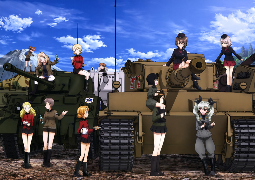 absurdres alisa_(girls_und_panzer) anchovy ankle_boots anzio_military_uniform assam black_footwear blonde_hair boots brown_eyes brown_hair darjeeling emblem girls_und_panzer ground_vehicle highres itsumi_erika jagdtiger katyusha kay_(girls_und_panzer) knee_boots kuromorimine_military_uniform kv-2 long_hair military military_uniform military_vehicle motor_vehicle multiple_girls naomi_(girls_und_panzer) nina_(girls_und_panzer) nishizumi_maho nonna official_art orange_pekoe panzerkampfwagen_viii_maus pravda_military_uniform riding_crop saunders_(emblem) saunders_military_uniform sherman_firefly short_hair st._gloriana's_military_uniform tank tiger_i tiger_ii uniform