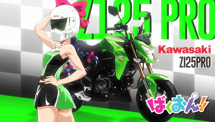 arm_behind_head ass bakuon!! bare_shoulders blue_hair boots bow braid copyright_name eyecatch ground_vehicle hair_bow hand_on_hip helmet highres kawasaki_raimu kawasaki_z125_pro long_hair looking_back miniskirt motor_vehicle motorcycle motorcycle_helmet non-web_source race_queen screencap skirt solo twin_braids