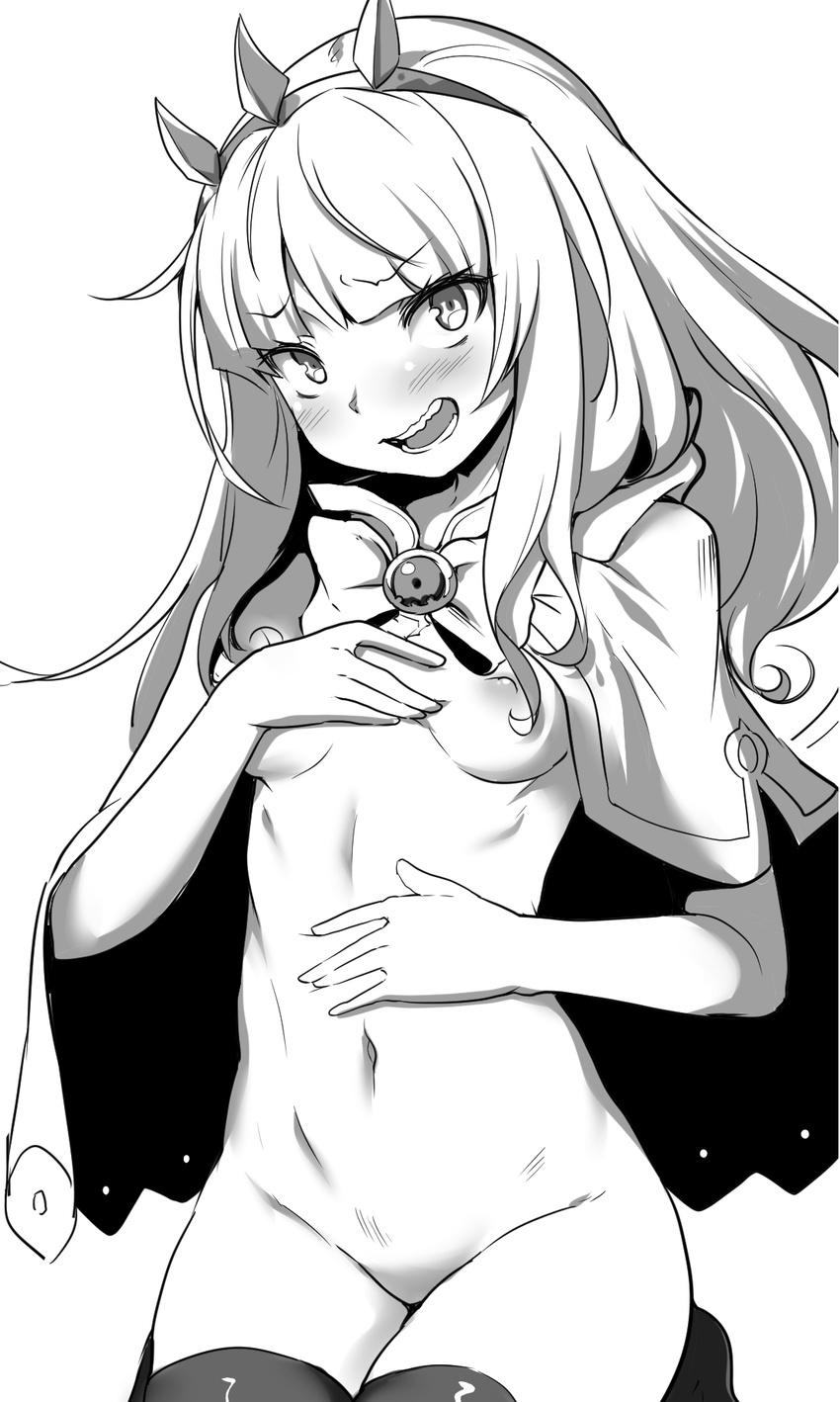 bangs blunt_bangs blush breasts brooch cagliostro_(granblue_fantasy) cape covering covering_breasts granblue_fantasy greyscale hair_ornament highres jewelry long_hair monochrome naked_cape navel nipples small_breasts solo thighhighs yukisaki_miale