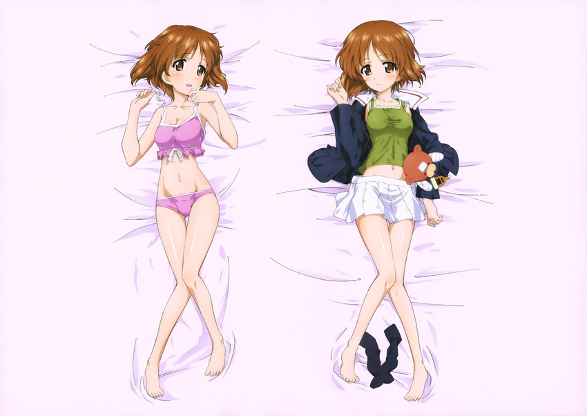 barefoot bed_sheet bikini blush boko_(girls_und_panzer) brown_eyes brown_hair dakimakura duplicate girls_und_panzer imageboard_sample looking_at_viewer lying midriff navel nishizumi_miho official_art on_back pink_bikini sample school_uniform short_hair skirt socks_removed solo stuffed_animal stuffed_toy swimsuit teddy_bear white_skirt