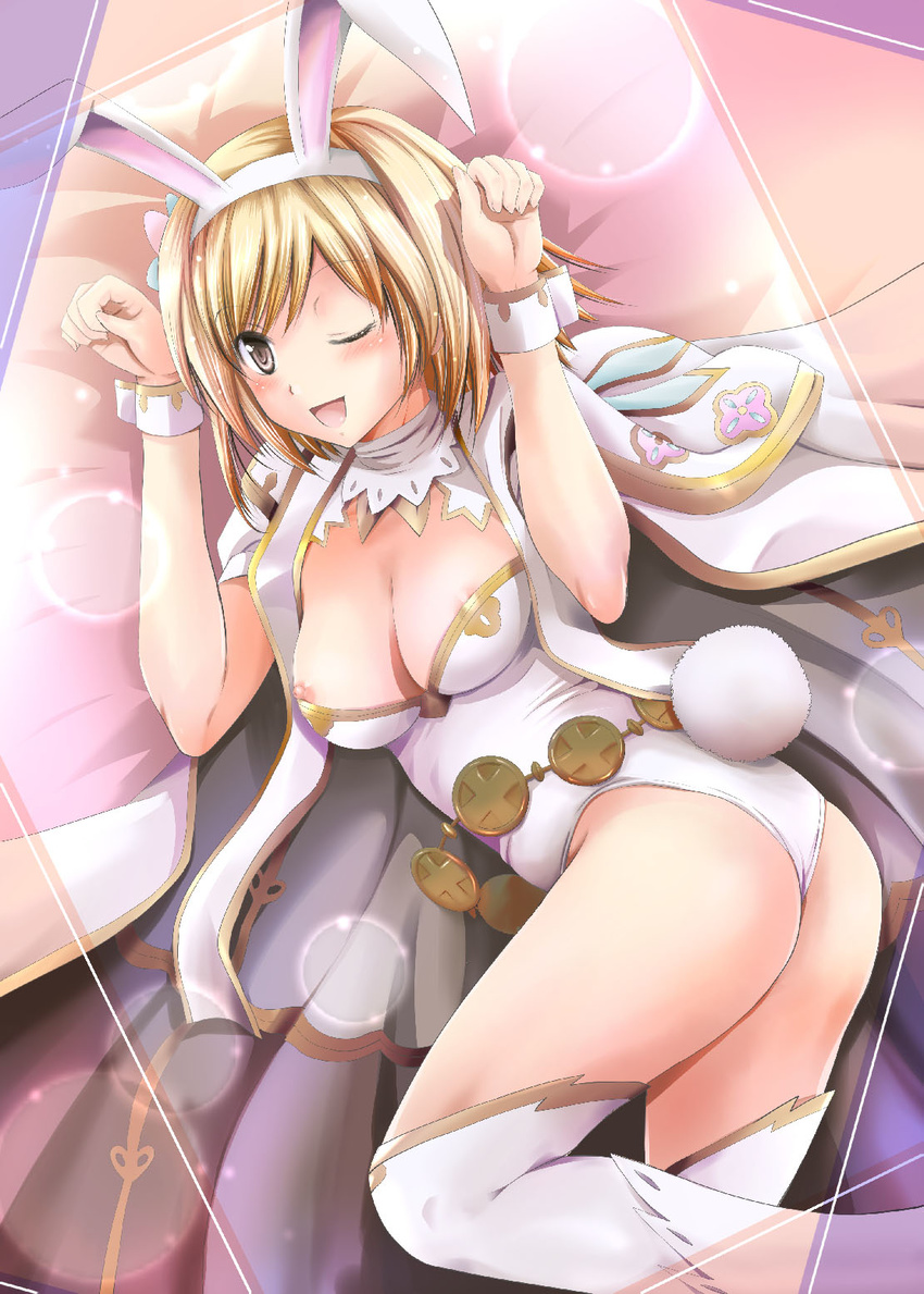 1girl :d animal_ears artist_request ass bangs blonde_hair blush breasts brown_eyes bunny_ears bunny_tail cape djeeta_(granblue_fantasy) eyebrows eyebrows_visible_through_hair fake_animal_ears flower granblue_fantasy hair_flower hair_ornament hairband high_heels large_breasts leotard looking_at_viewer lying nipple_slip nipples on_side open_mouth paw_pose puffy_short_sleeves puffy_sleeves sage_(granblue_fantasy) shiny shiny_skin shoes short_hair short_sleeves smile solo tail thighhighs white_cape white_flower white_legwear white_shoes wrist_cuffs