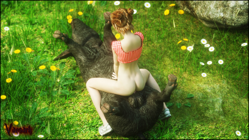 balls bestiality bottomless brown_hair butt clothed clothing cowgirl_position female female_on_feral feral hair hi_res human human_on_feral interspecies male male/female mammal on_top pale_skin porcine sex vaesark