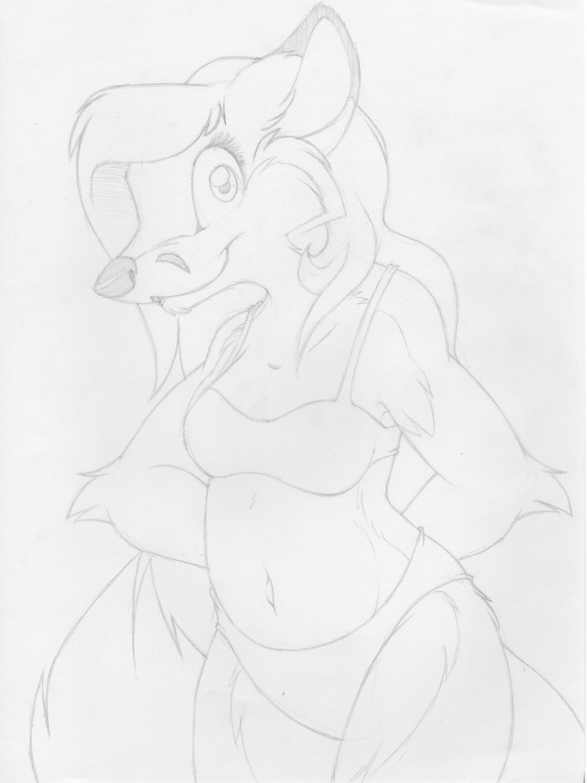 aged_up anthro bra canine clothing female fox front_view greyscale hands_behind_back krissy_chambers line_art looking_at_viewer mammal mizzyam monochrome navel panties pencil_(artwork) pinup pose smile solo standing traditional_media_(artwork) underwear