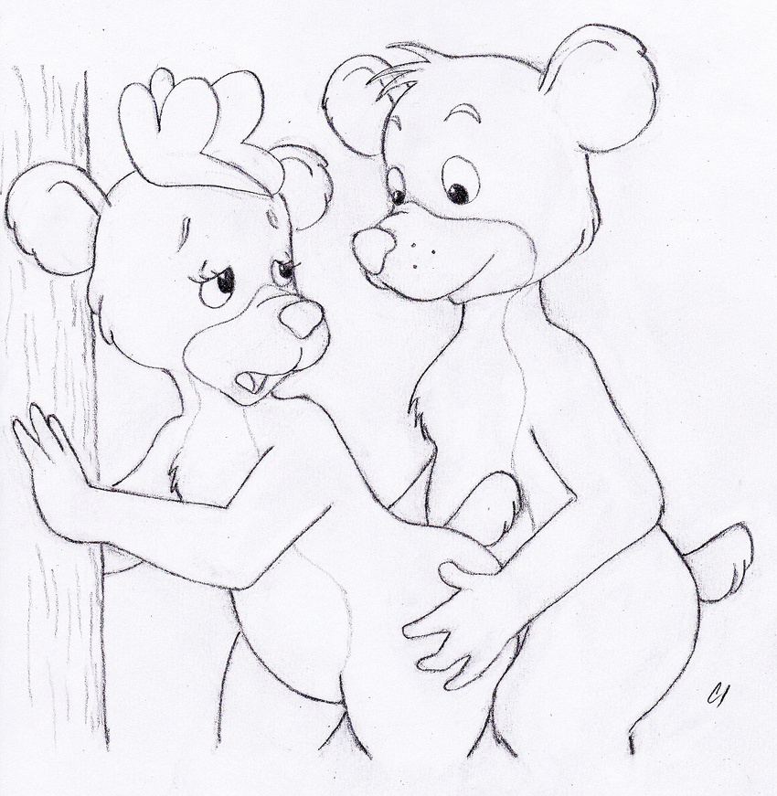 anthro bear bongo disney female from_behind_position fur hair half-closed_eyes hat hip_grab lulubelle male male/female mammal open_mouth sex sketch smile standing tree unknown_artist