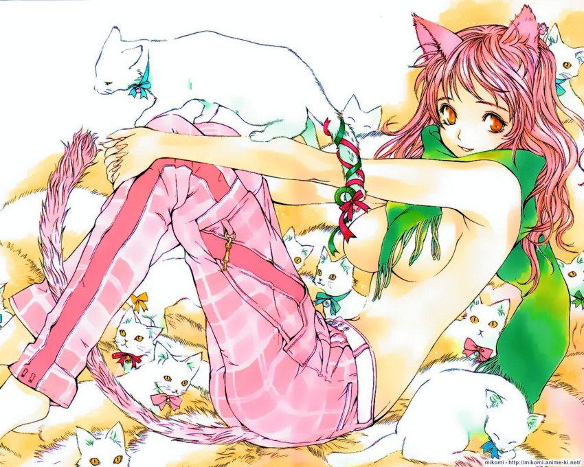 animal_ears armpits barefoot bell belt bow bowtie breasts cat cat_ears cat_tail convenient_censoring green_scarf hands_clasped large_breasts leg_hug long_hair majin_~devil~ official_art oogure_ito own_hands_together pants pink_hair plaid plaid_pants reclining red_eyes ribbon satomi_(majin_~devil~) scarf smile solo tail tail_ribbon too_many too_many_cats topless wallpaper watermark wavy_hair web_address white_cat