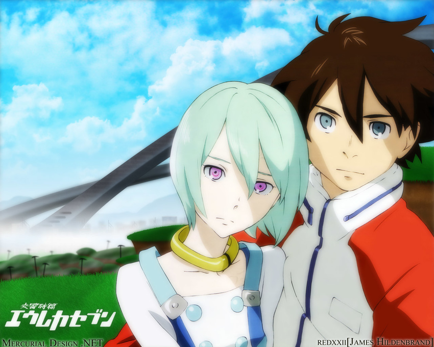 1girl aqua_eyes aqua_hair artist_request bangs brown_hair buckle buttons cloud copyright_name couple day dress eureka eureka_seven eureka_seven_(series) grass hair_between_eyes head_tilt hetero hug jacket jewelry looking_at_viewer multicolored multicolored_eyes neck_ring outdoors parted_bangs pink_eyes raglan_sleeves renton_thurston short_hair sky track_jacket upper_body wallpaper watermark zipper